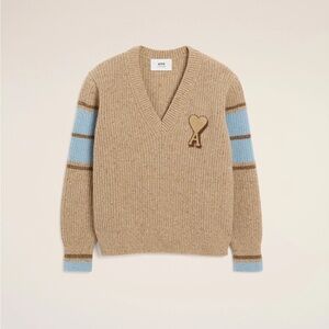 Ami V-Neck Sweater in Tan with Blue Stripes